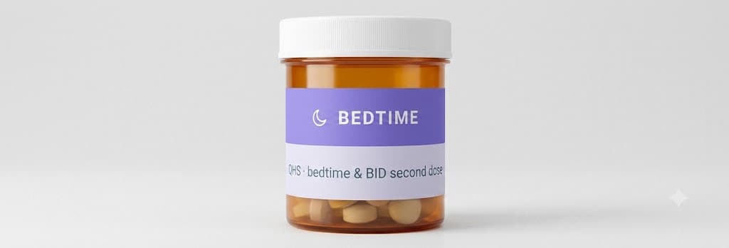 A prescription bottle wearing the purple Bedtime label — QHS, bedtime & BID second dose